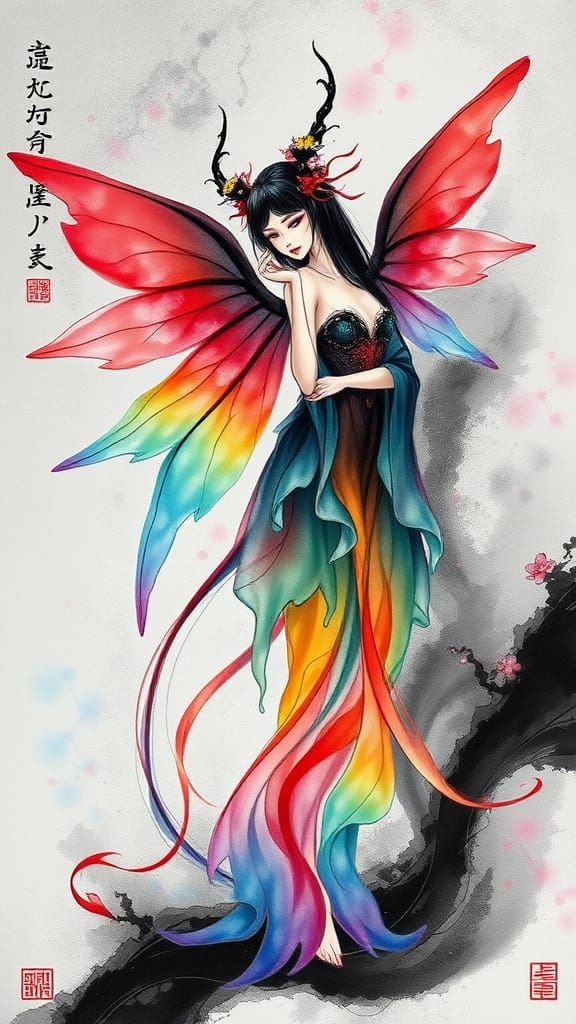 Vibrant Unseelie Fae in Chinese Ink Painting Style