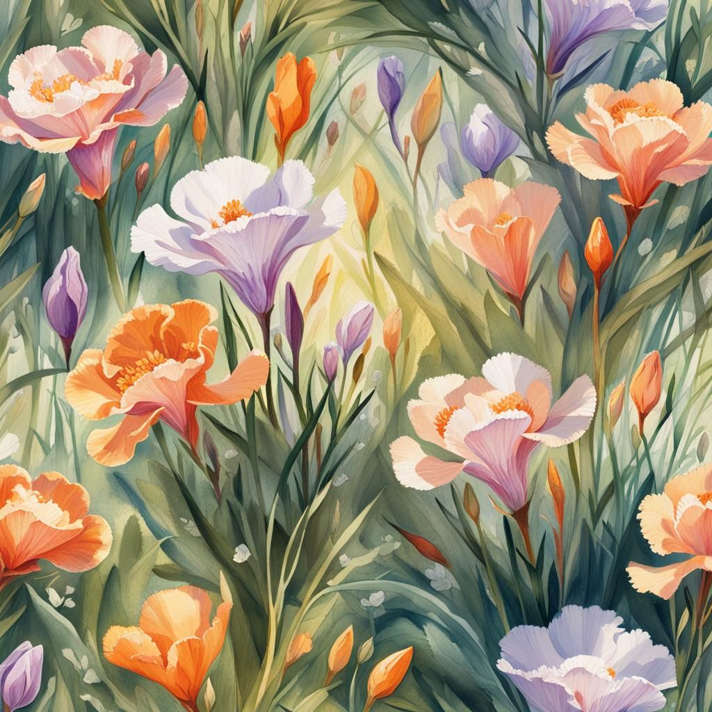 Lush Meadow Blooms with Vibrant Carnation and Crocus Flowers