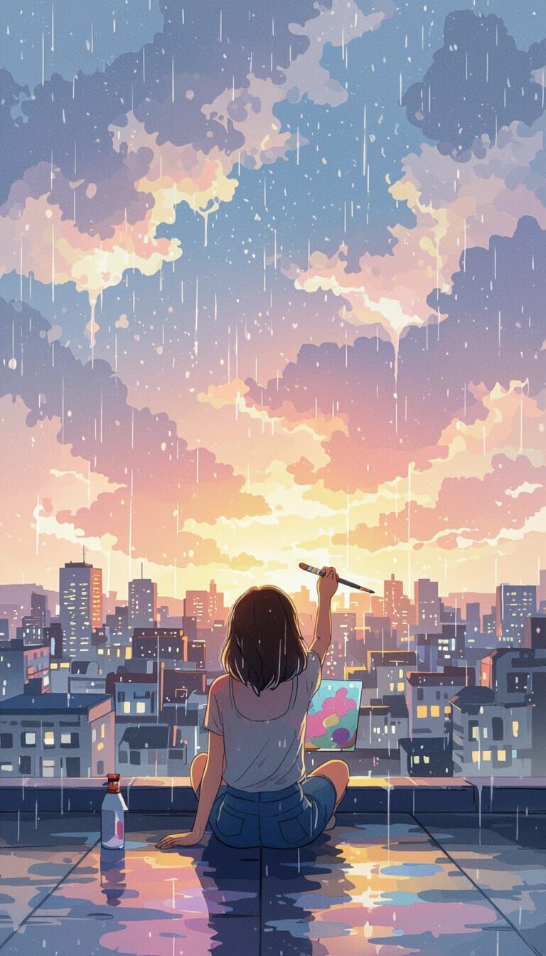 Dreamy Rooftop Scene: Woman Painting a Summer Rainstorm
