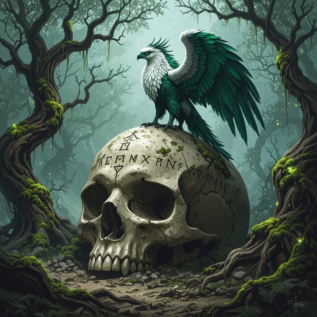Griffin Guardian of the Mossy Skull: Dark Fantasy Art