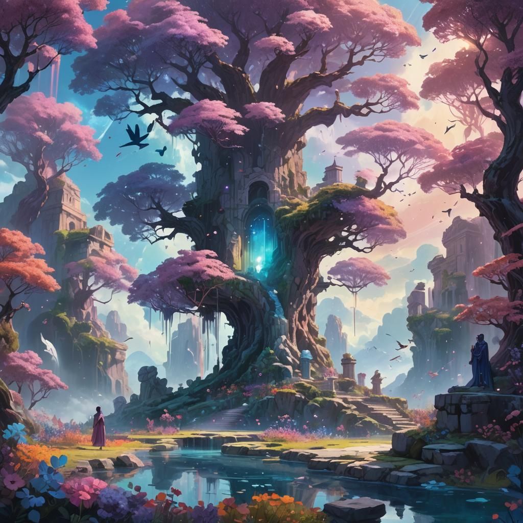 Floating Island Garden with Mythical Creatures