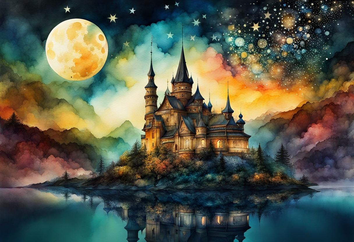 Fantasy Landscape with Bioluminescent Waters, Watercolor Art