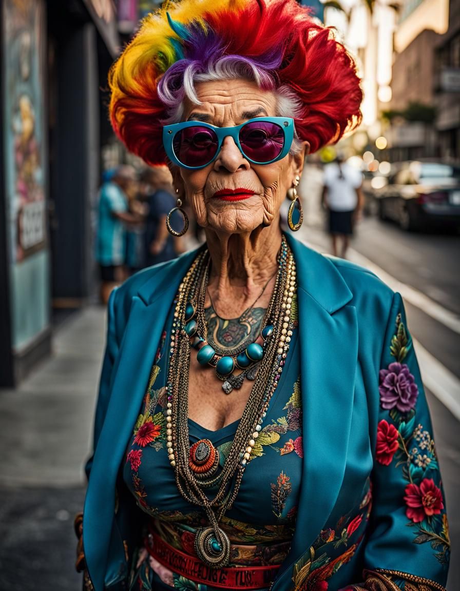 older woman"eccentric,mad, funny looking ,unique, fancy clothes,funny sunglasses,portrait,tattoos,hands in pockets,color...