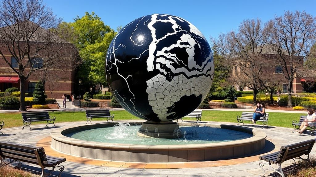 Kintsugi Sphere over Fountain in Park