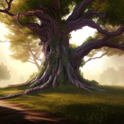 Majestic Oak Tree in Dark Fantasy Style