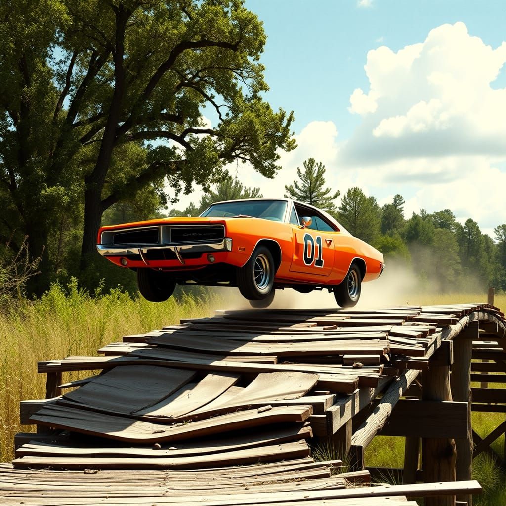 General Lee Car Jumps Bridge in 70s TV Style