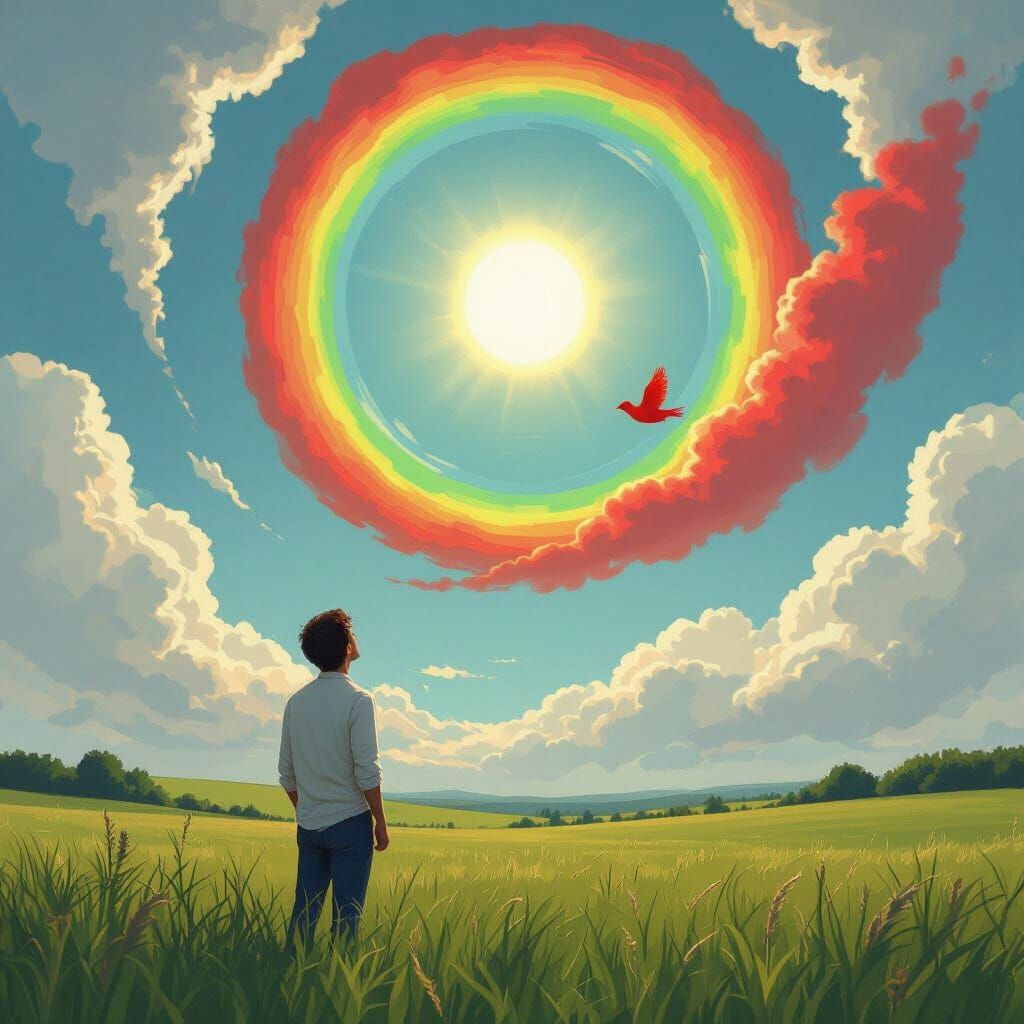 Rainbow Clouds Encircling Sun, Whimsical Digital Art