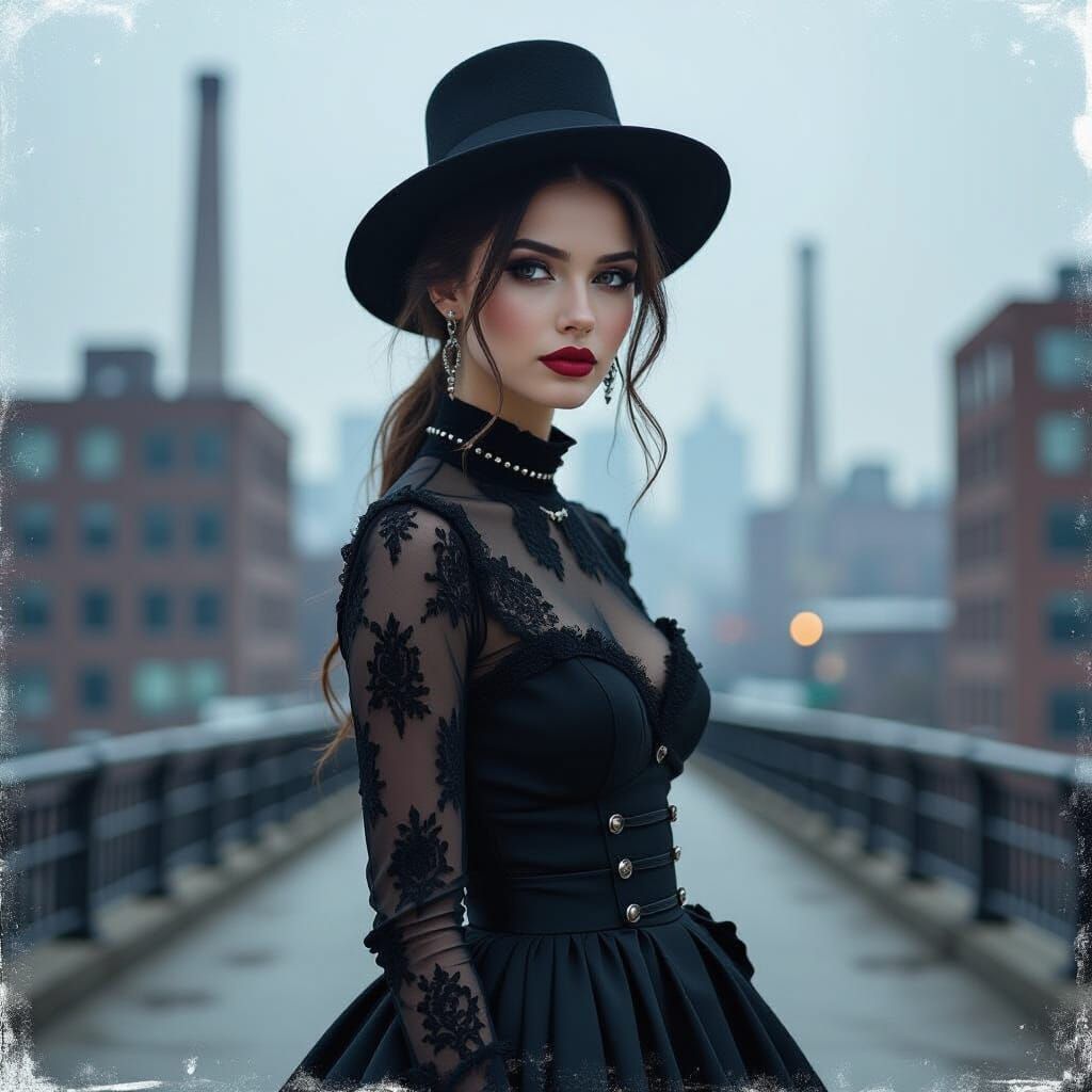 Elegant Gothic Woman in Industrial Cityscape