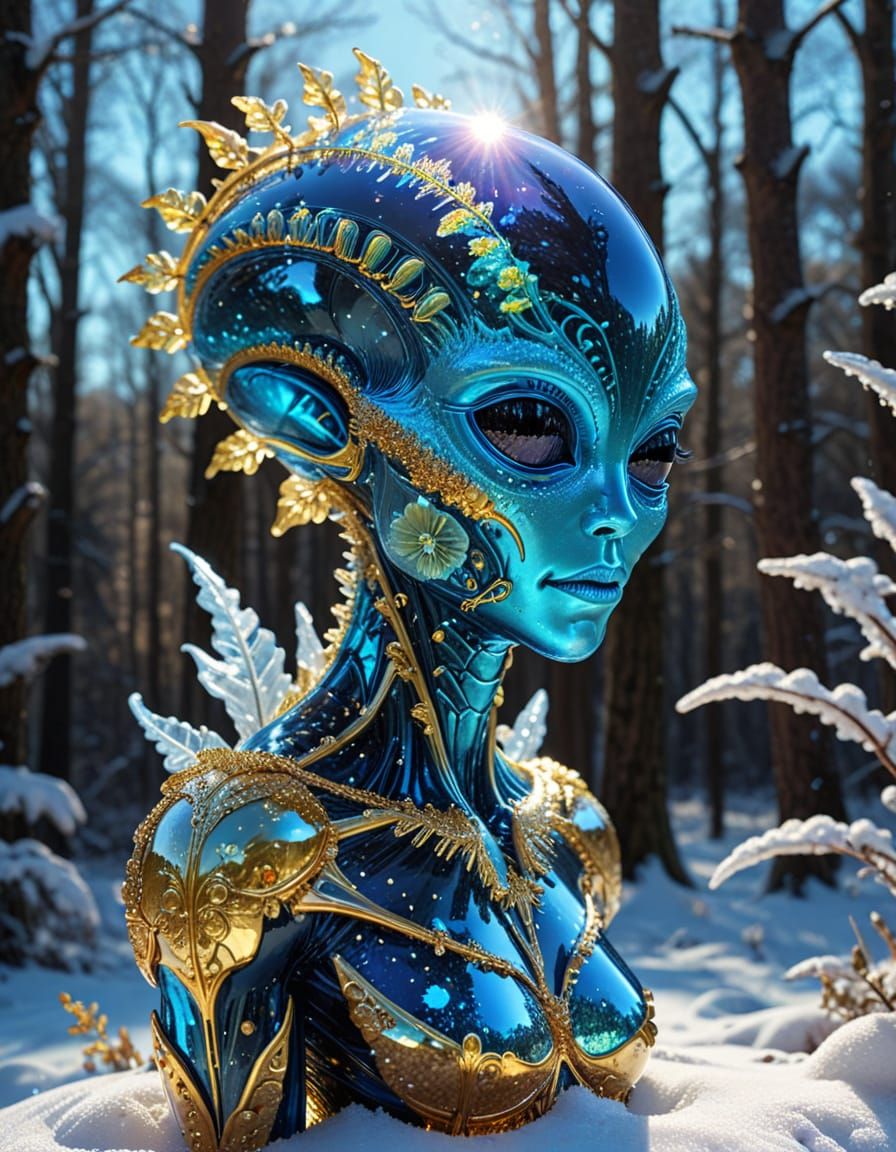 Luminescent Crystal Alien Sculpture in Snowy Forest