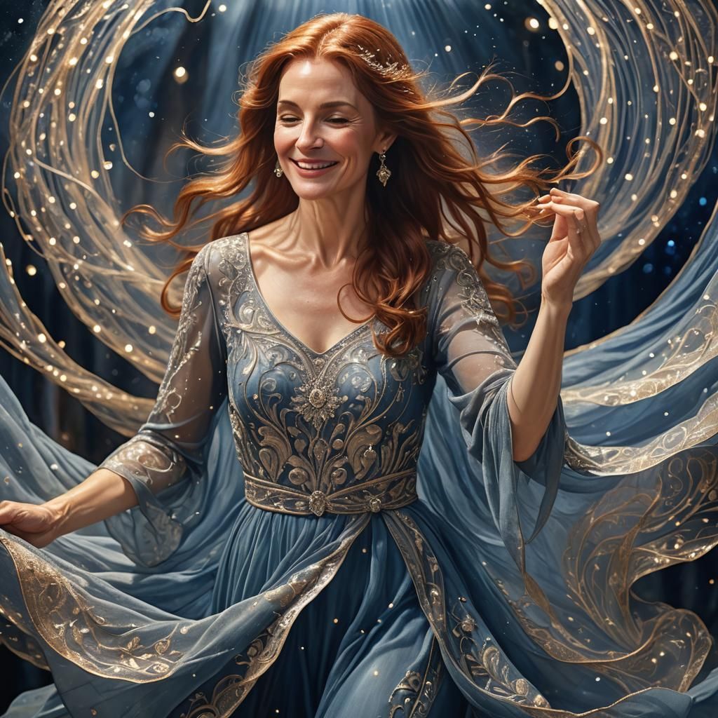 Mystical Realism Woman Weaving Light in Forest