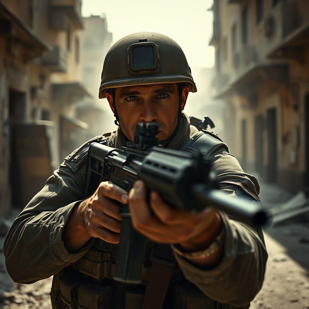 Stern Israeli Soldier Aims Rifle in War-Torn City