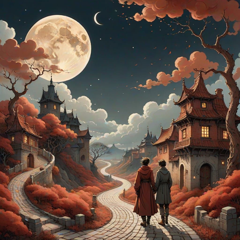 Romantic Couple Under New Moon: Whimsical Illustration