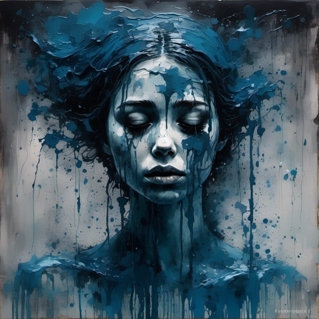 Sad Woman Drowning in Blue Impasto Oil Painting