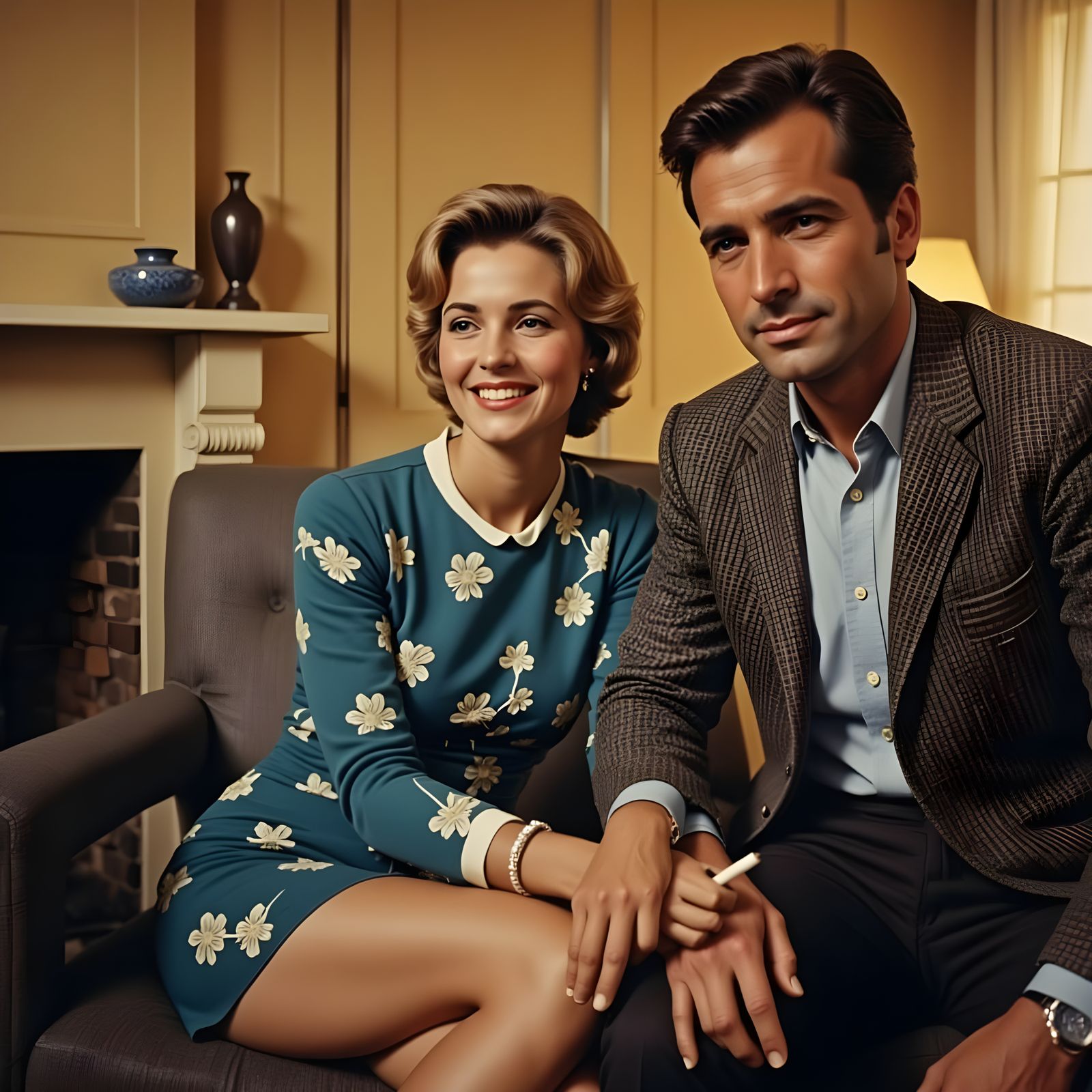A 1960s Couple's Relaxed Moment in a Vintage Living Room