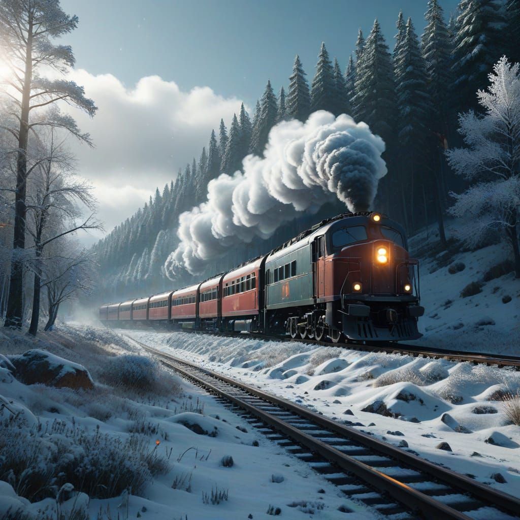 Winter Train Journey Through Snowy Meadows and Forests
