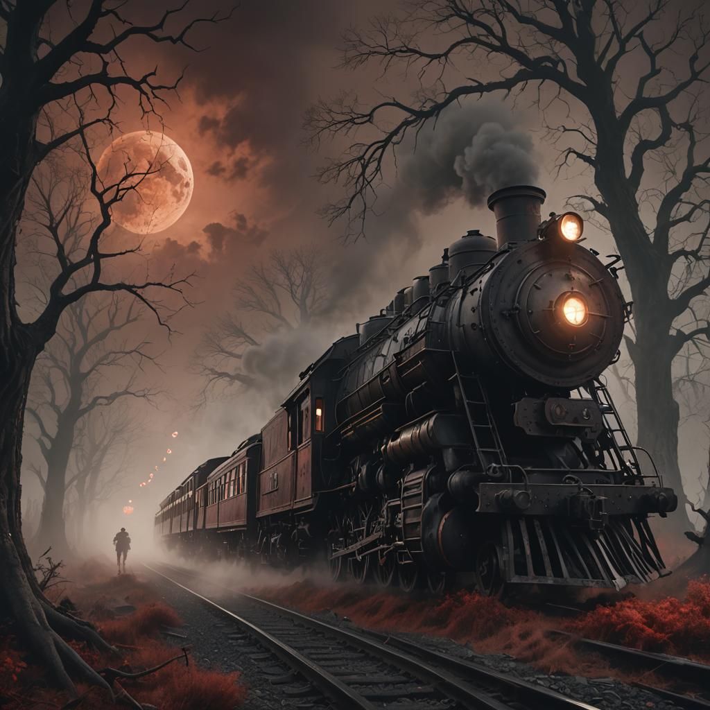 Ghost Train in Foggy Landscape, Dark Fantasy Art