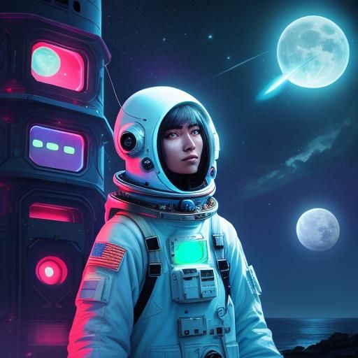 Astronaut Girl Awakens AI at Universe Lighthouse