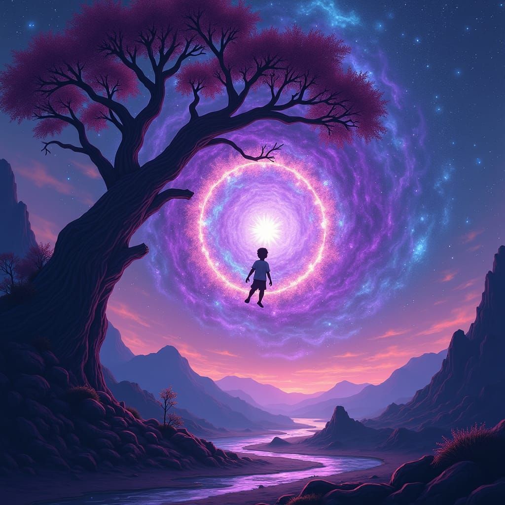 Boy in Light Tube Under Starry Sky, Cosmic Illustration
