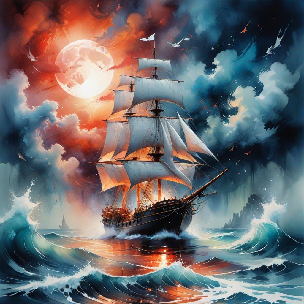 Ethereal Sailboats Under Crimson Moon: Watercolour Art