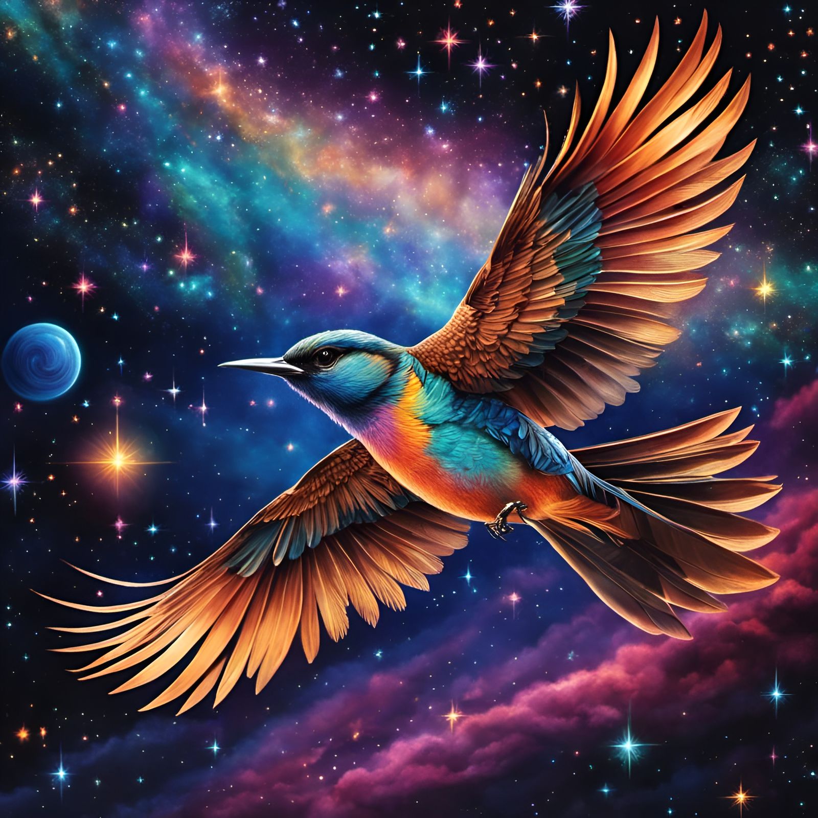 Cosmic Bird Flight in Hyperrealistic Detail
