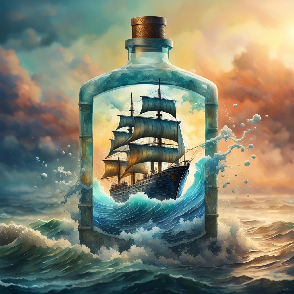 Watercolor Ship in a Bottle Double Exposure