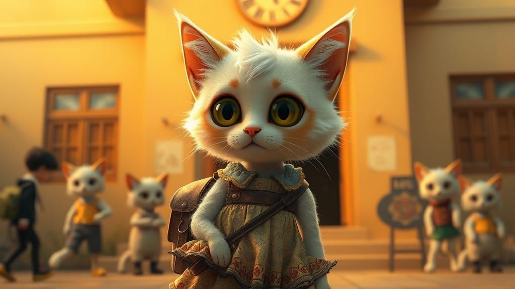 Whimsical Feline Student in a Warm, Golden-Lit School Settin...