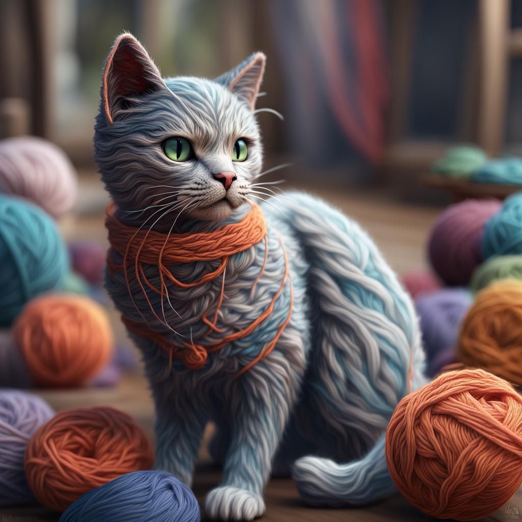 Yarn Cat Embroidery in Detailed Matte Painting