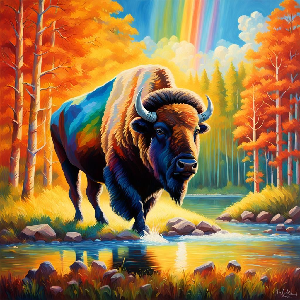 Crystal Bison Rainbow Effect in Neo-Impressionist Style
