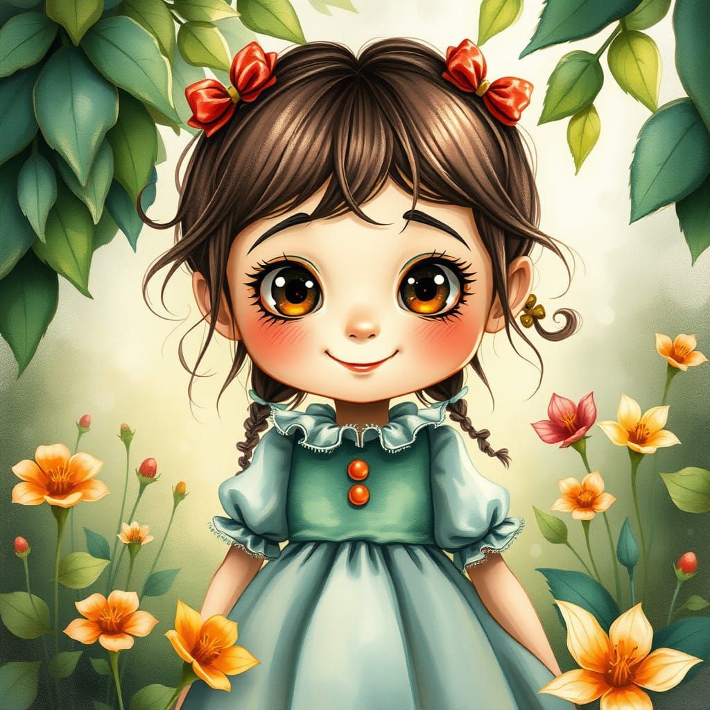 Whimsical Storybook Girl with Big Googly Eyes and Adorable S...