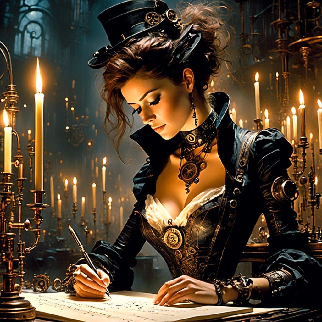 Steampunk Woman Writes Music with Calligraphy Pen