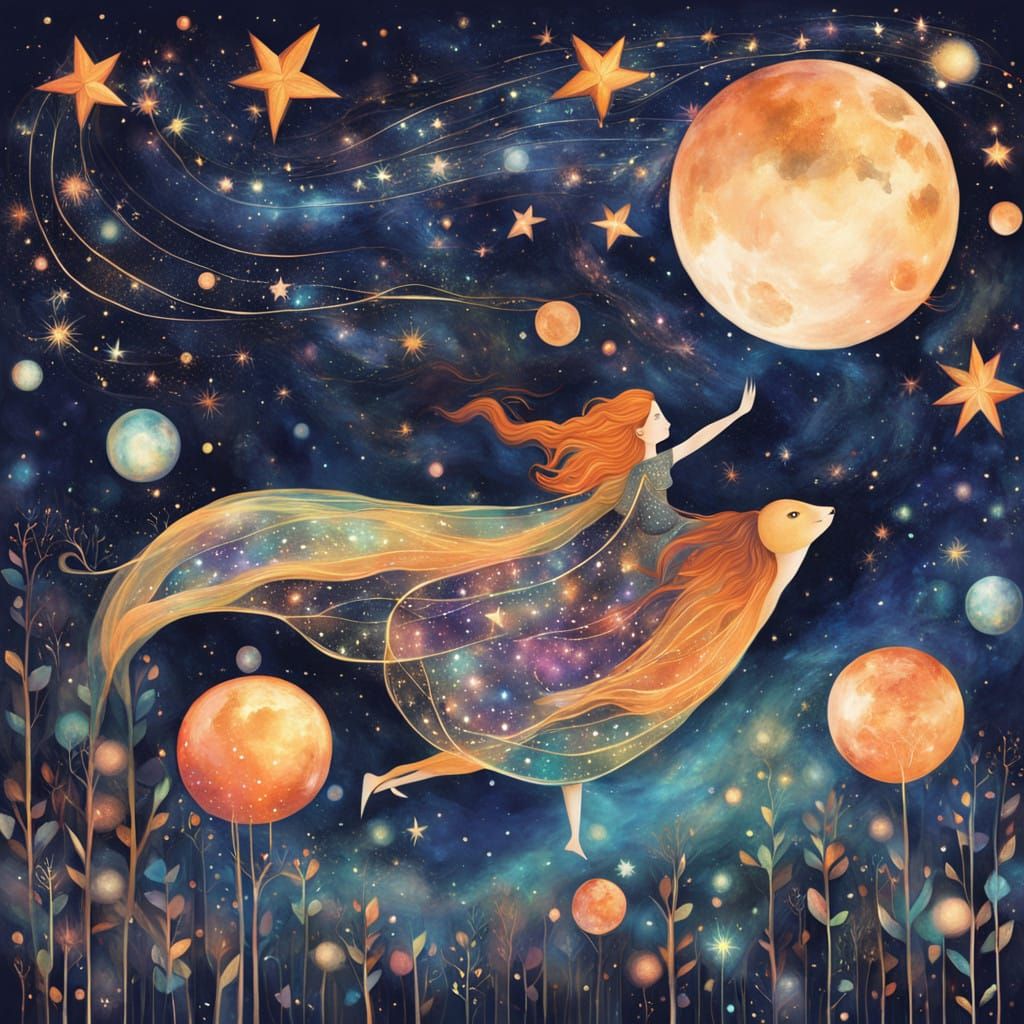 Whimsical Fey Nixie Soars Through Vibrant Galaxy