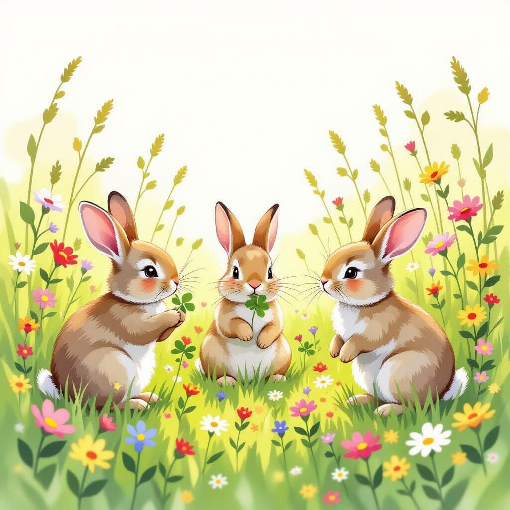 Fluffy Rabbits in Wildflower Meadow, Storybook Style