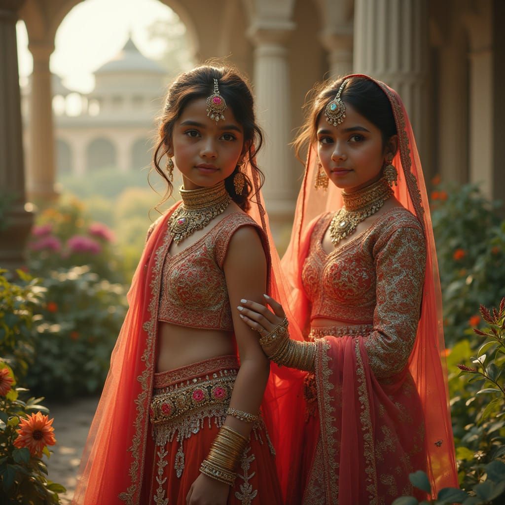 Whimsical Girls in Ornate Salwar Suits in Dreamlike Settings
