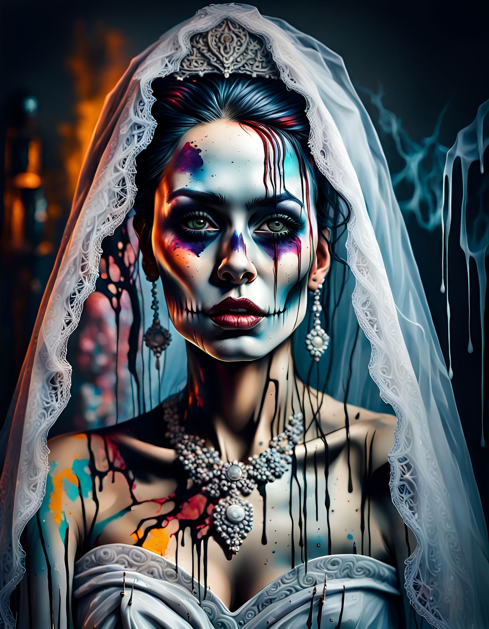 Haunted Ghost Bride Portrait in Graffiti Art Style