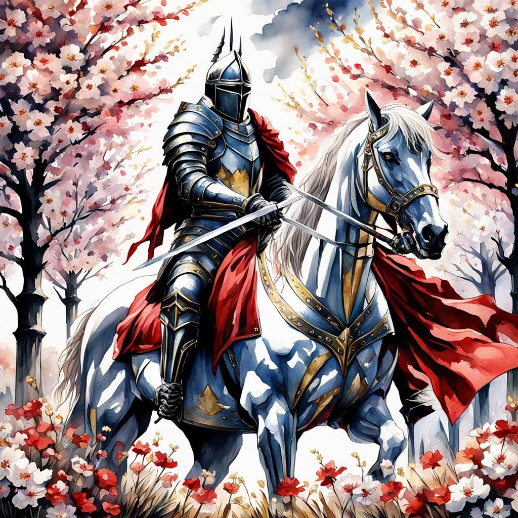 Gothic Knight on White Horse in Flowering Meadow