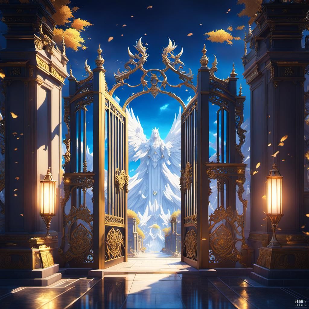 Ethereal Anime Gates with Rainbow Clouds