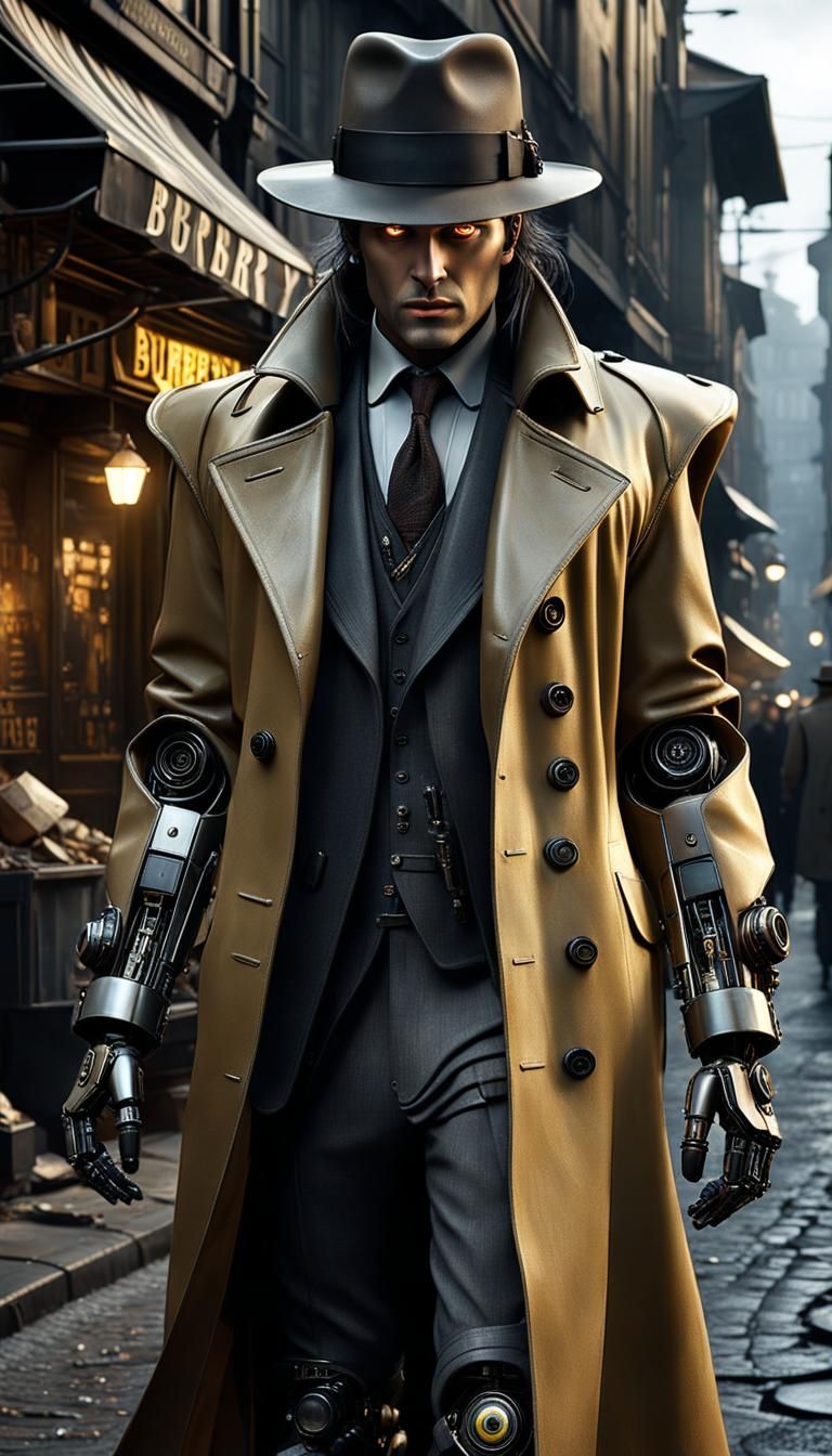 Robotic Humanoid in Trenchcoat in Junk City