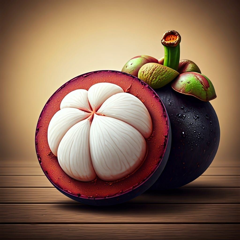 MANGOSTEEN CUT OPEN TO SHOW FRUIT