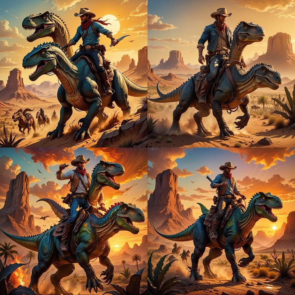 Cowboy Rides Majestic Dinosaur Through Wild West