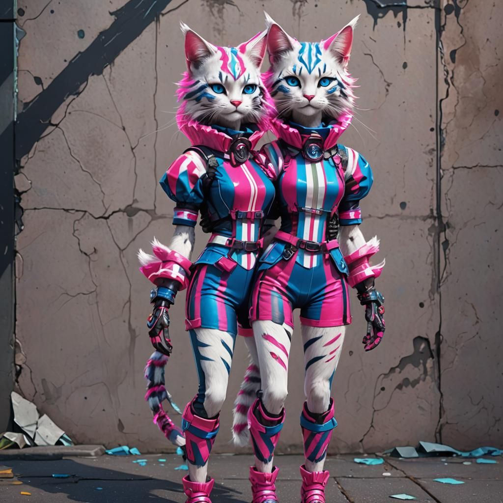 Neon Cat Girl in Harlequin Outfit: Detailed Matte Painting