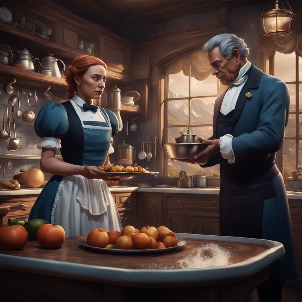 Sissymaid and Butler in Kitchen: Detailed Matte Painting