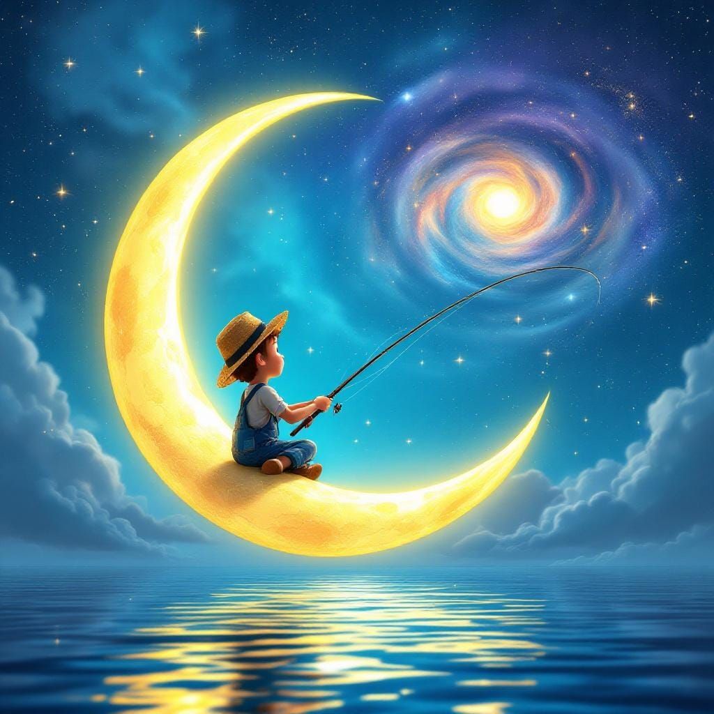 Boy Fishing for Stars on the Moon in Pixar Style