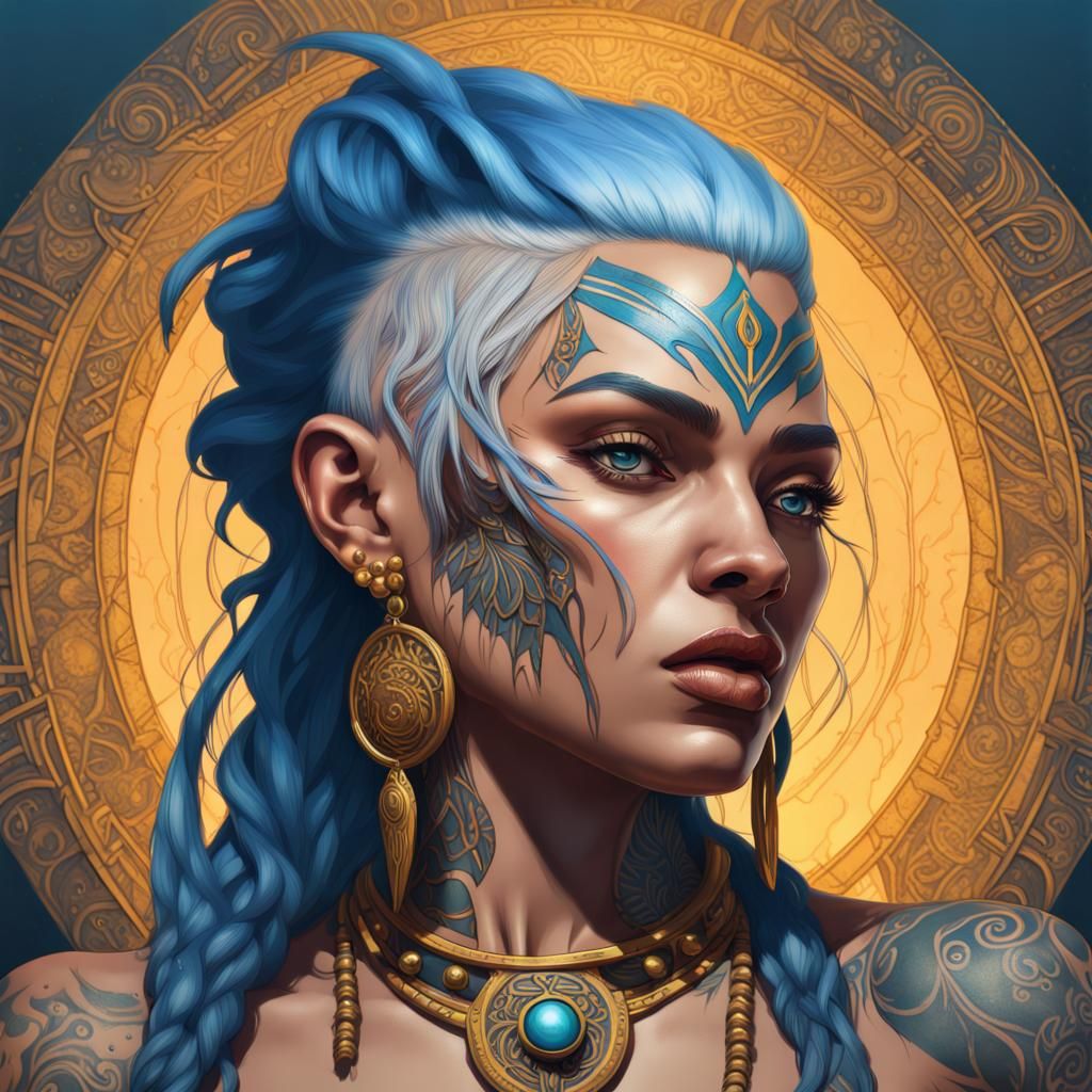 Goliath Goddess with Blue Hair: Hyperrealistic Portrait