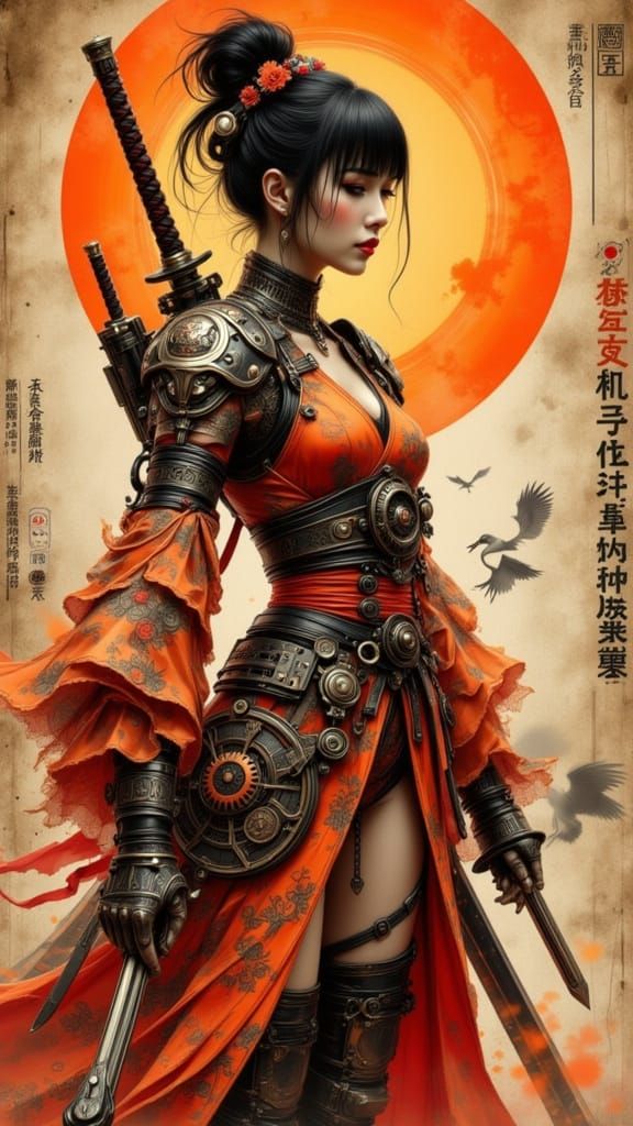 Japanese Steampunk Warrior Woman with Katana