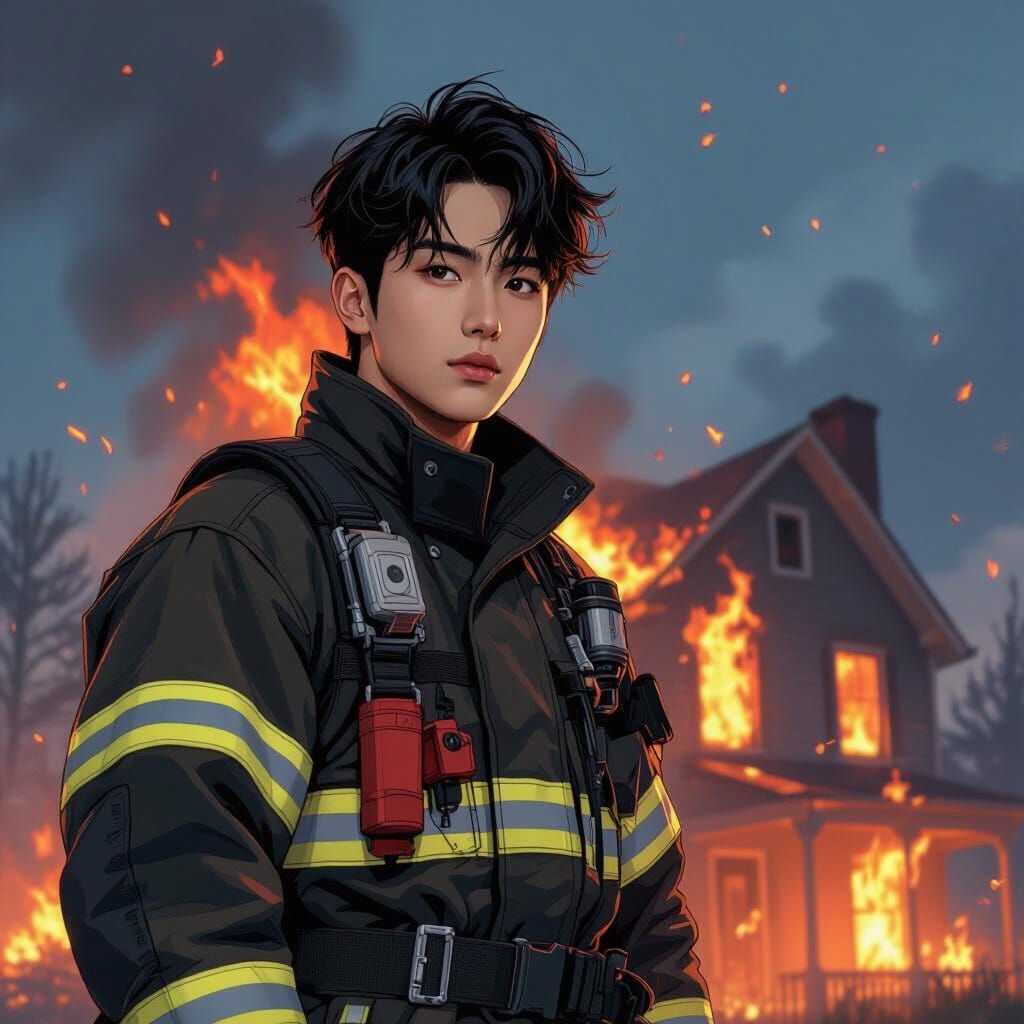 Jungkook as Firefighter in Comic Book Style