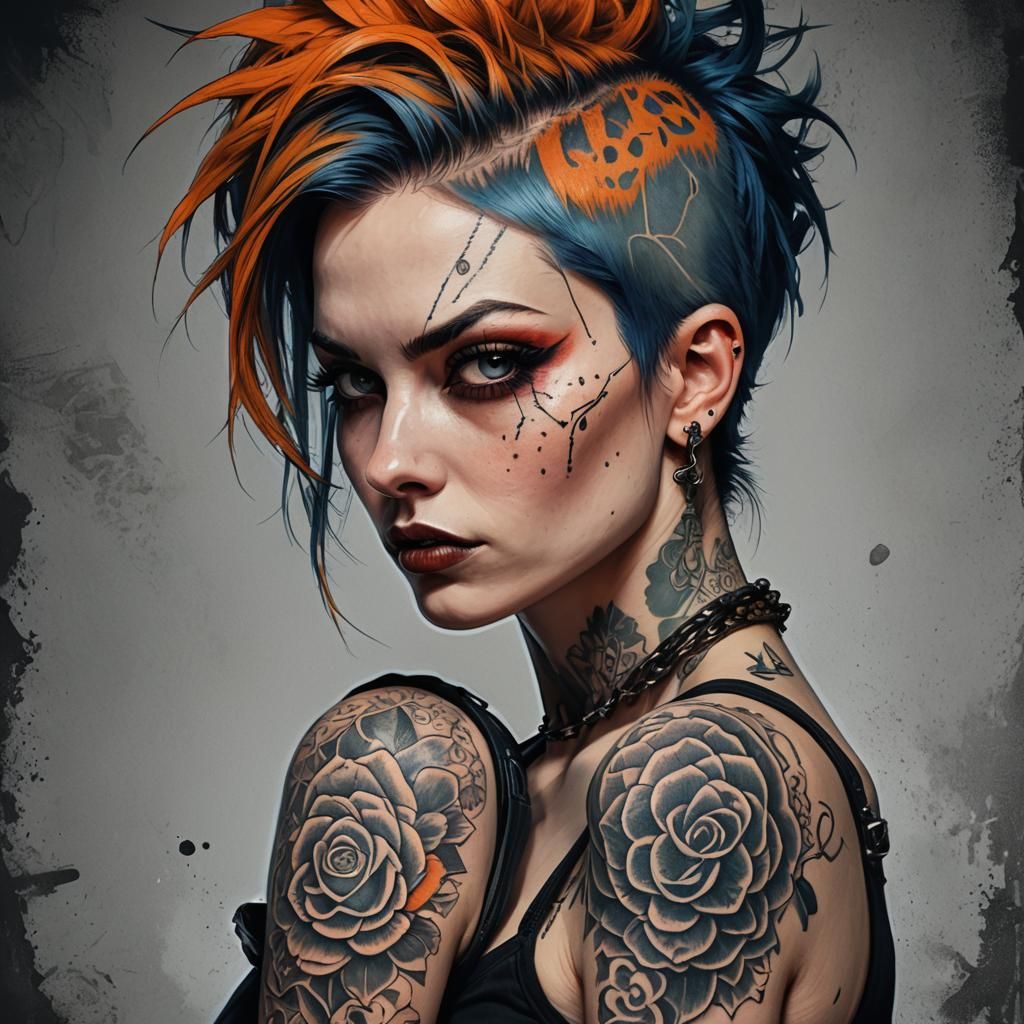 Punk Girl Portrait with Tattoo in Comic Art Style