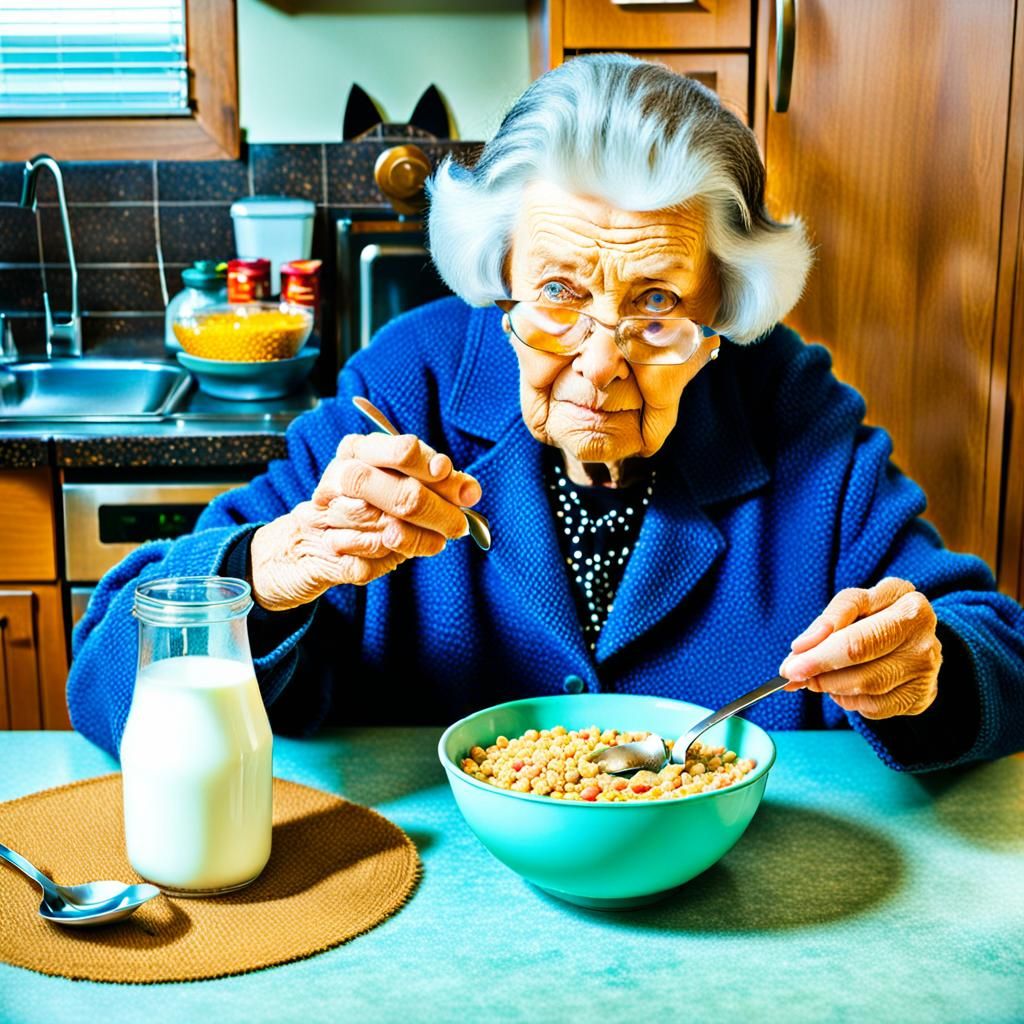 Grandma and Cat Share Cereal Bowl