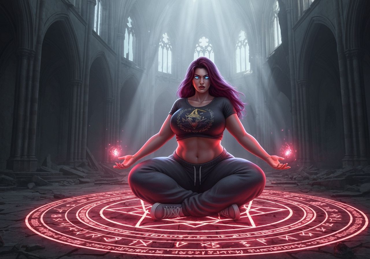 Modern Witch in Ritual Circle at Abandoned Cathedral