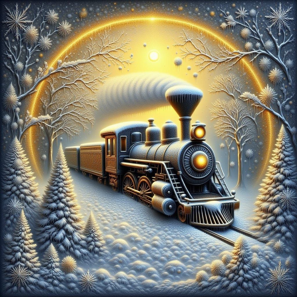 Magical Winter Train on Moonscape in Icy Blue and Gold