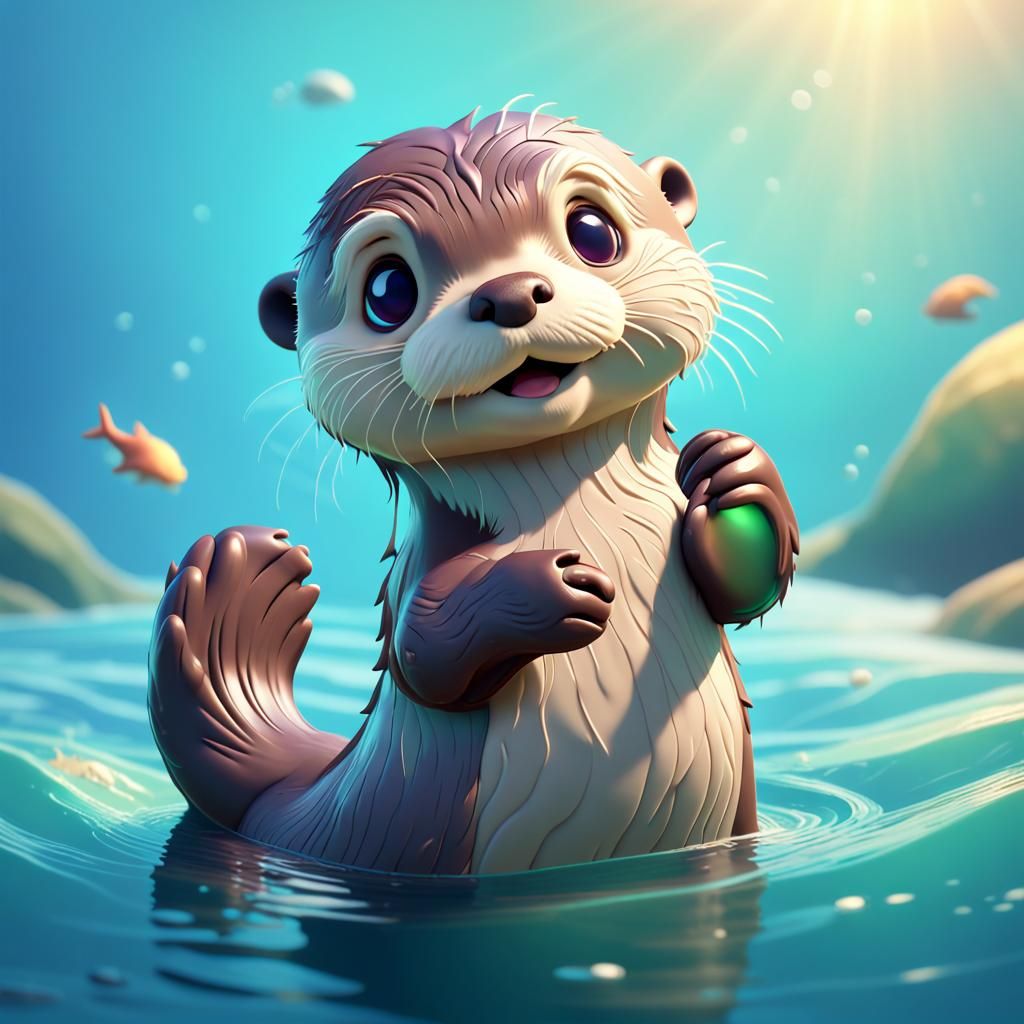 Cute Otter in Ocean: Pixar-Style 3D Digital Art